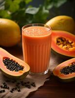 Photo of some Papaya Smoothie drink elegantly plated on a table. Generative AI