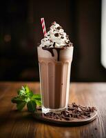 Photo of some Mocha Peppermint Shake drink elegantly plated on a table. Generative AI