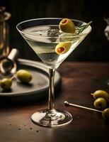 foto de algunos martini bebida esmeradamente chapado en un mesa. generativo ai