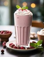 Photo of some Milkshake drink elegantly plated on a table. Generative AI