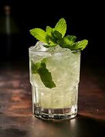 Photo of some Mint Julep drink elegantly plated on a table. Generative AI