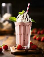 Photo of some Milkshake drink elegantly plated on a table. Generative AI