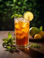 Photo of some Mango Iced Tea drink elegantly plated on a table. Generative AI