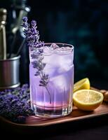 Photo of some Lavender Lemonade drink elegantly plated on a table. Generative AI