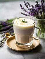 Photo of some Lavender Latte drink elegantly plated on a table. Generative AI