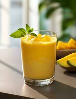 Photo of some Mango Smoothie drink elegantly plated on a table. Generative AI