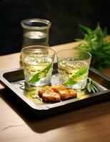 Photo of some Korean Soju drink elegantly plated on a table. Generative AI