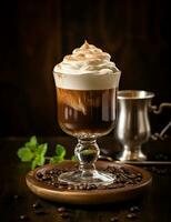 Photo of some Irish Coffee drink elegantly plated on a table. Generative AI