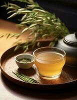 foto de algunos coreano cebada té bebida esmeradamente chapado en un mesa. generativo ai