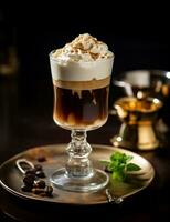 Photo of some Irish Coffee drink elegantly plated on a table. Generative AI