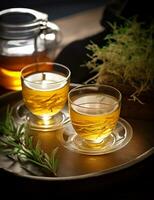 Photo of some Korean Barley Tea drink elegantly plated on a table. Generative AI