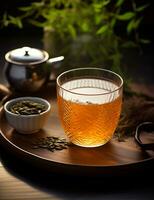 Photo of some Korean Barley Tea drink elegantly plated on a table. Generative AI