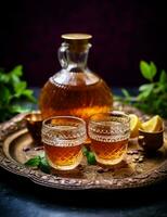 Photo of some Iraqi Masgouf drink elegantly plated on a table. Generative AI