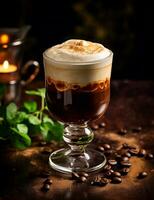 Photo of some Irish Coffee drink elegantly plated on a table. Generative AI