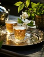 Photo of some Jasmine Tea drink elegantly plated on a table. Generative AI