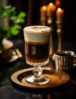 Photo of some Irish Coffee drink elegantly plated on a table. Generative AI