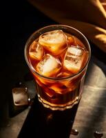 Photo of some Iced Coffee drink elegantly plated on a table. Generative AI