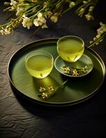 foto de algunos verde té bebida esmeradamente chapado en un mesa. generativo ai