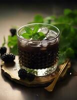 Photo of some Grass Jelly Drink drink elegantly plated on a table. Generative AI