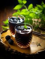 Photo of some Grass Jelly Drink drink elegantly plated on a table. Generative AI