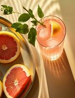 Photo of some Grapefruit Spritzer drink elegantly plated on a table. Generative AI