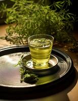 Photo of some Green Tea drink elegantly plated on a table. Generative AI