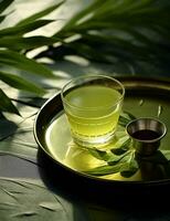 Photo of some Green Tea drink elegantly plated on a table. Generative AI