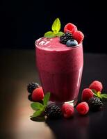 Photo of some Fresh Berry Smoothie drink elegantly plated on a table. Generative AI