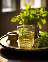 Photo of some Fresh Mint Tea drink elegantly plated on a table. Generative AI