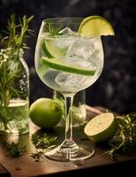 Photo of some Gin and Tonic drink elegantly plated on a table. Generative AI