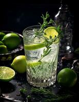 Photo of some Gin and Tonic drink elegantly plated on a table. Generative AI