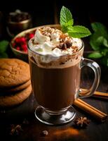 Photo of some Gingerbread Hot Chocolate drink elegantly plated on a table. Generative AI