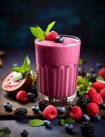 Photo of some Fresh Berry Smoothie drink elegantly plated on a table. Generative AI