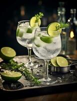 Photo of some Gin and Tonic drink elegantly plated on a table. Generative AI