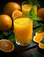 Photo of some Fresh Orange Juice drink elegantly plated on a table. Generative AI