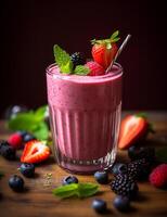 Photo of some Fresh Berry Smoothie drink elegantly plated on a table. Generative AI