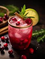 Photo of some Cranberry Moscow Mule drink elegantly plated on a table. Generative AI