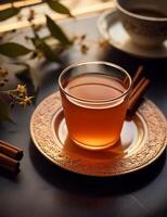 Photo of some Cinnamon Tea drink elegantly plated on a table. Generative AI