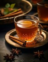 Photo of some Cinnamon Tea drink elegantly plated on a table. Generative AI