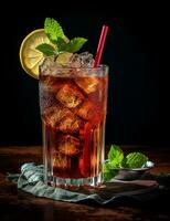 Photo of some Coca-Cola drink elegantly plated on a table. Generative AI