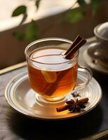 Photo of some Cinnamon Tea drink elegantly plated on a table. Generative AI