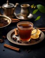 Photo of some Cinnamon Tea drink elegantly plated on a table. Generative AI