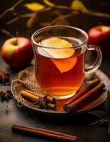 Photo of some Cinnamon Apple Tea drink elegantly plated on a table. Generative AI