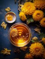 Photo of some Chrysanthemum Tea drink elegantly plated on a table. Generative AI