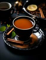 Photo of some Cinnamon Tea drink elegantly plated on a table. Generative AI