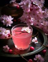 Photo of some Cherry Blossom Tea drink elegantly plated on a table. Generative AI