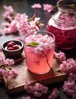 Photo of some Cherry Blossom Tea drink elegantly plated on a table. Generative AI