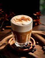 Photo of some Chestnut Cream Latte drink elegantly plated on a table. Generative AI