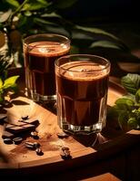 Photo of some Carob Juice drink elegantly plated on a table. Generative AI