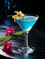 foto de algunos azul laguna cóctel bebida esmeradamente chapado en un mesa. generativo ai